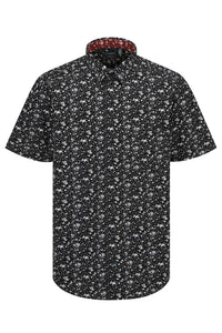Black and Grey Floral Print Short Sleeve No-Iron Cotton Sport Shirt with Hidden Button Down Collar by Leo Chevalier
