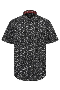 Black and Grey Floral Print Short Sleeve No-Iron Cotton Sport Shirt with Hidden Button Down Collar by Leo Chevalier