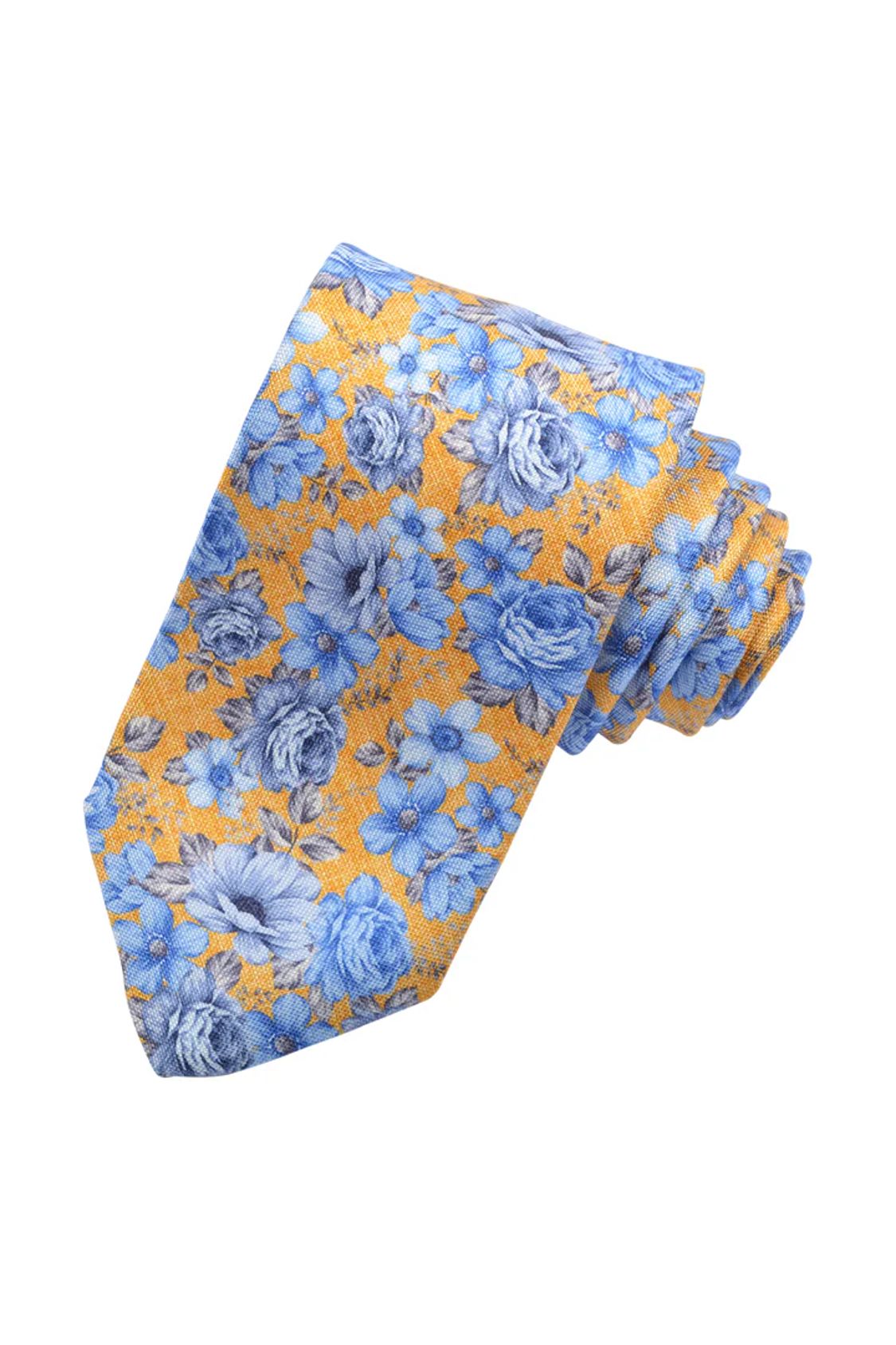 Gold, Sky, and French Blue Blooming Buds Silk Printed Panama Tie by Dion Neckwear