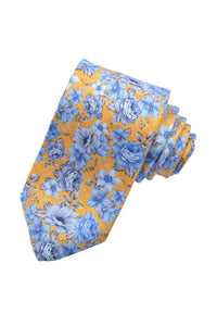 Gold, Sky, and French Blue Blooming Buds Silk Printed Panama Tie by Dion Neckwear