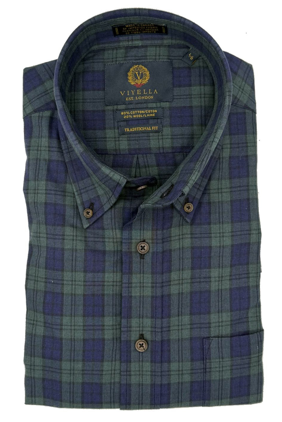 Navy and Forest Plaid Cotton and Wool Blend Button-Down Shirt by Viyella