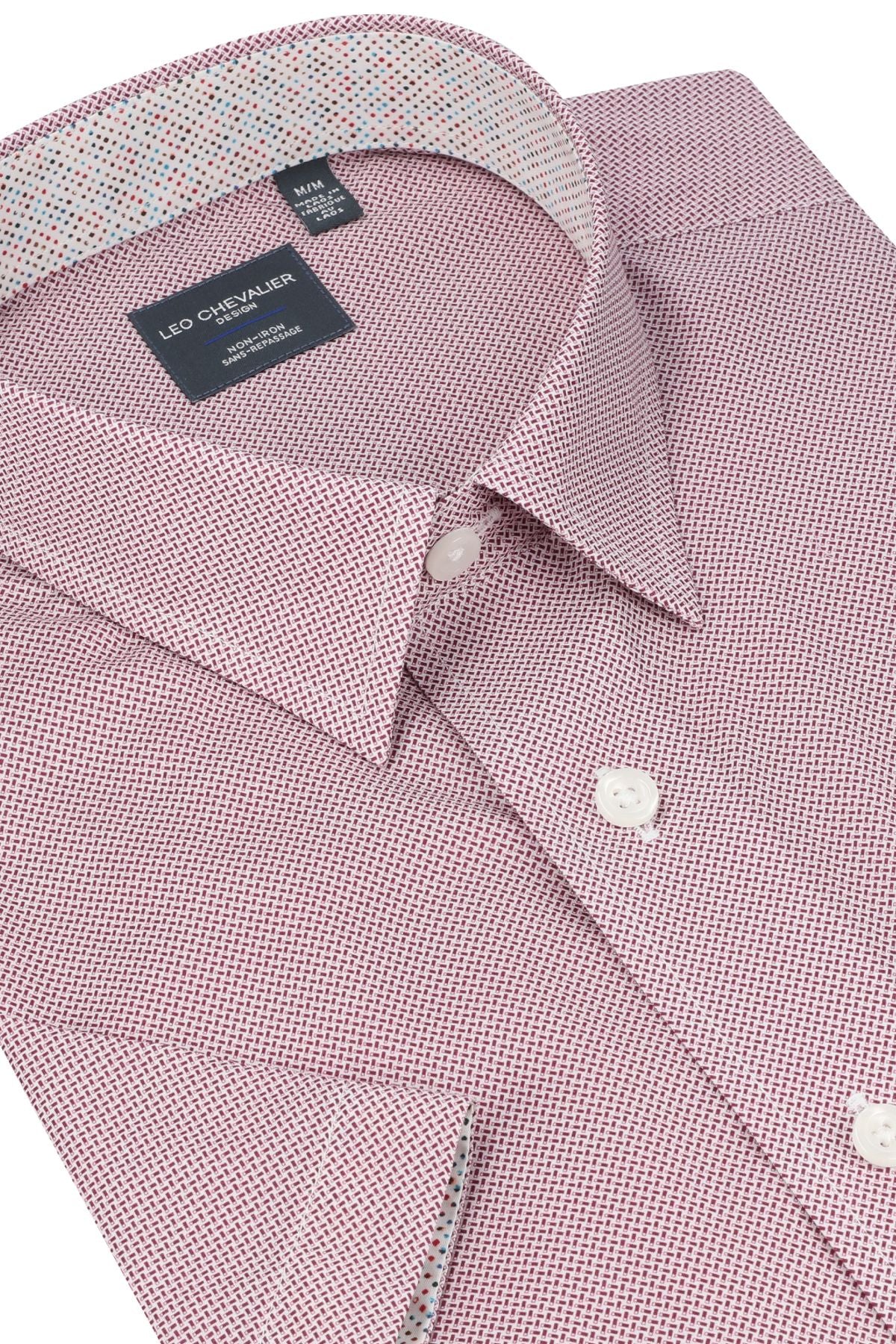 Red and White Micro Geometric Print Short Sleeve No-Iron Cotton Sport Shirt with Hidden Button Down Collar by Leo Chevalier
