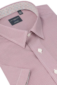 Red and White Micro Geometric Print Short Sleeve No-Iron Cotton Sport Shirt with Hidden Button Down Collar by Leo Chevalier