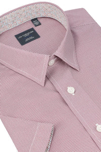 Red and White Micro Geometric Print Short Sleeve No-Iron Cotton Sport Shirt with Hidden Button Down Collar by Leo Chevalier