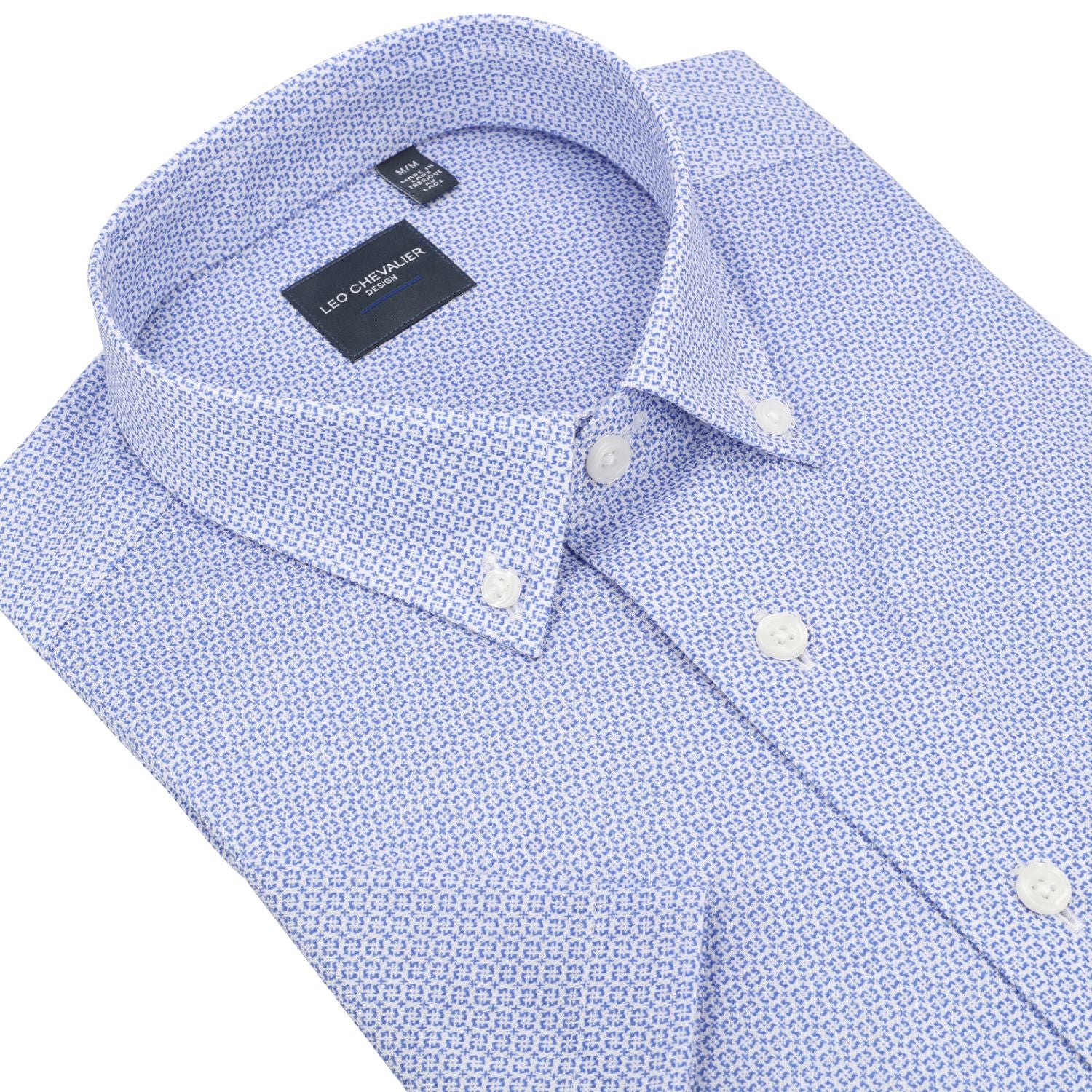 Blue Geometric Print Knit Short Sleeve Sport Shirt with Button Down Collar by Leo Chevalier