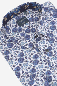 Multi Blue Floral Cotton Sport Shirt with Hidden Button Down Collar by Leo Chevalier