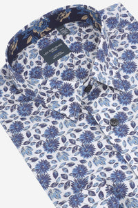 Multi Blue Floral Cotton Sport Shirt with Hidden Button Down Collar by Leo Chevalier