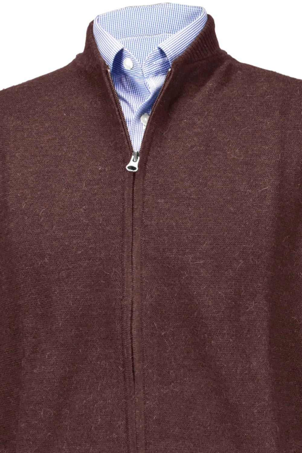 Royal Alpaca Double-Zip Cardigan Bomber Sweater Jacket in Brown by Peru Unlimited
