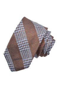 Mocha, Sky, and White Cotton, Linen, and Silk Glencheck Heathertone Woven Jacquard Tie by Dion Neckwear