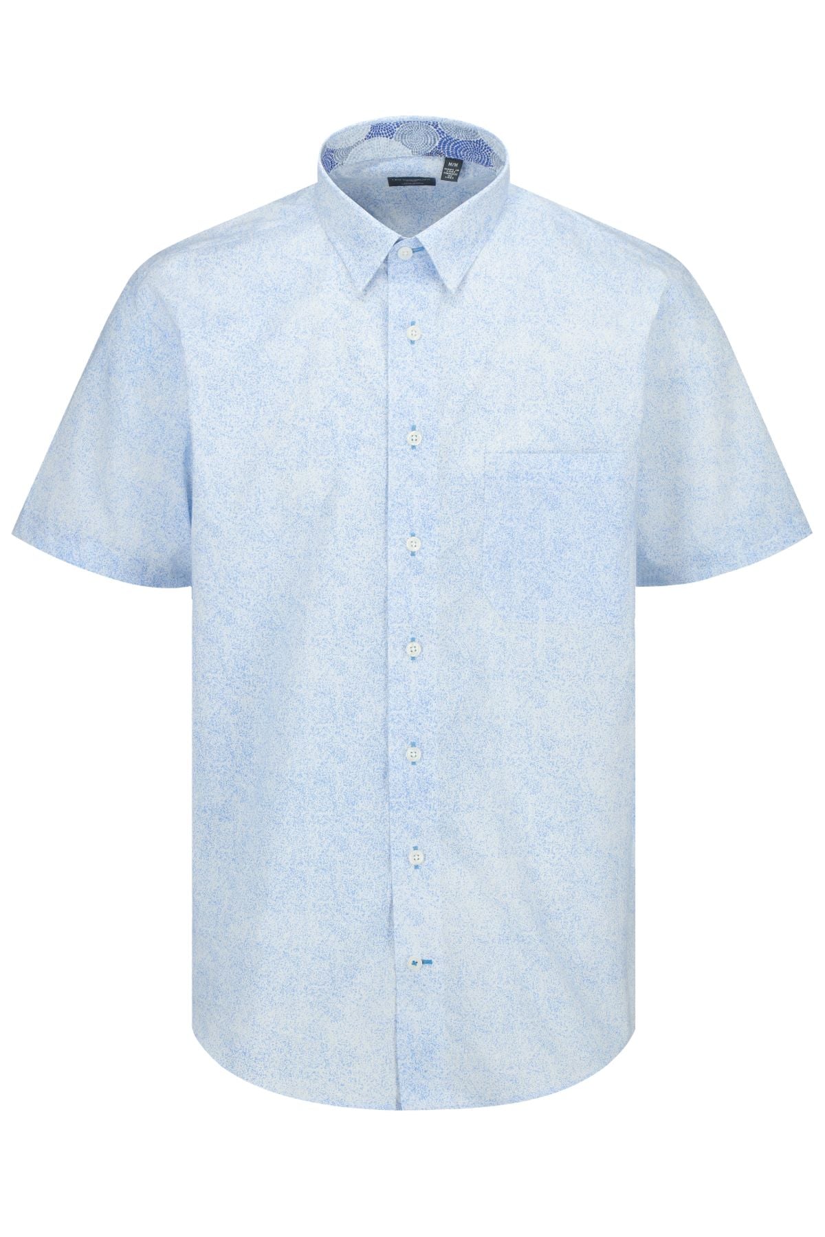 Light Blue and White Speckled Print Short Sleeve No-Iron Cotton Sport Shirt with Hidden Button Down Collar by Leo Chevalier
