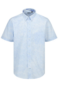 Light Blue and White Speckled Print Short Sleeve No-Iron Cotton Sport Shirt with Hidden Button Down Collar by Leo Chevalier