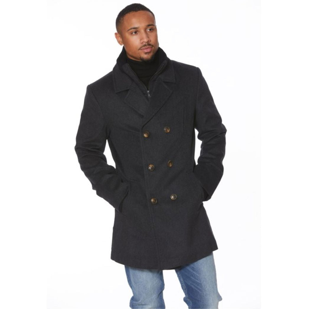 Wool and Cashmere Blend Double Breasted Button Coat with Zip-Out Wind Blocker in Charcoal by Viyella