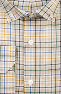 Organic Cotton Mélange Plaid Long Sleeve Sport Shirt with Button Down Collar in Khaki by Scott Barber