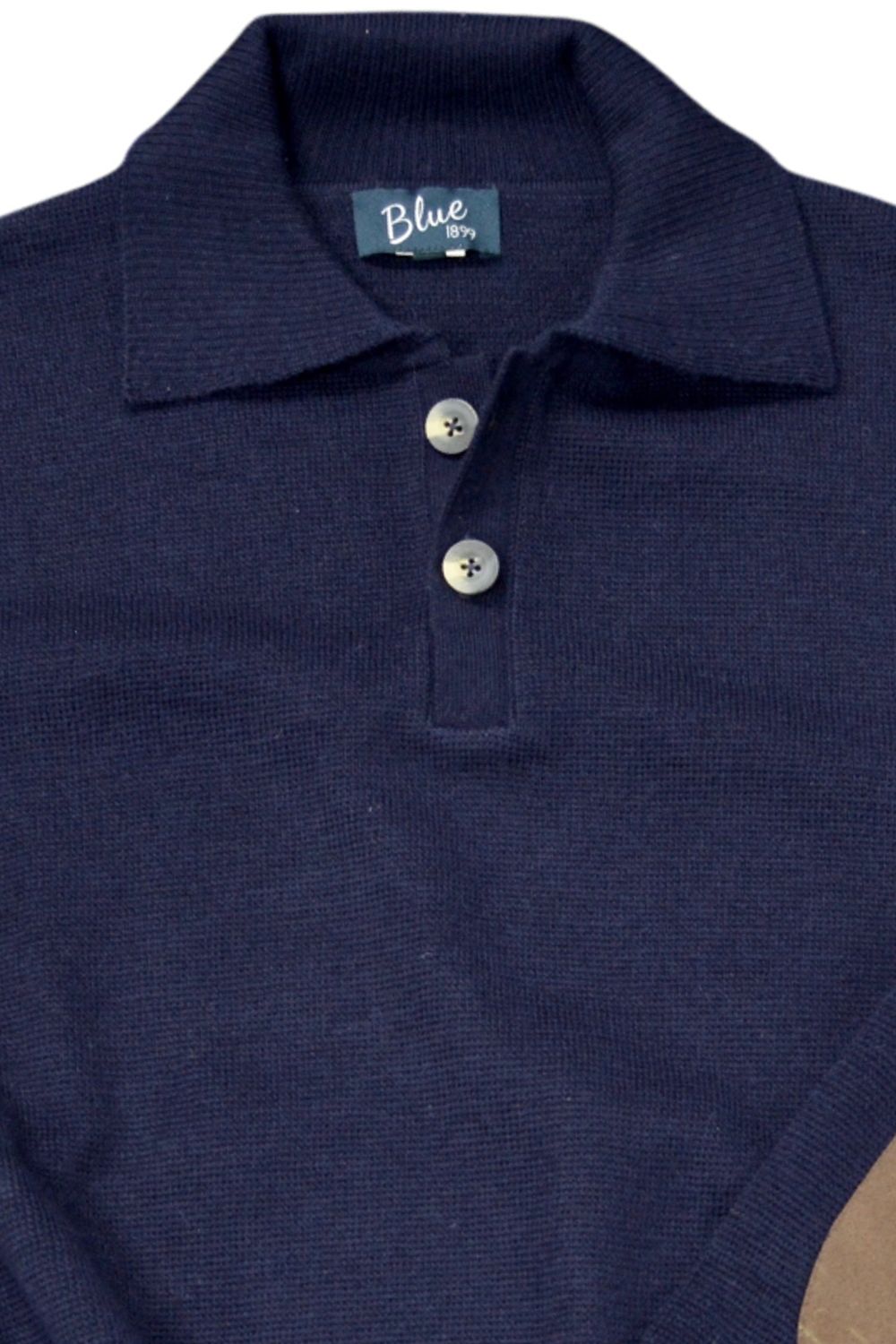 Baby Alpaca and Merino Wool Polo-Style Elbow Patch Sweater in Navy by Blue 1899