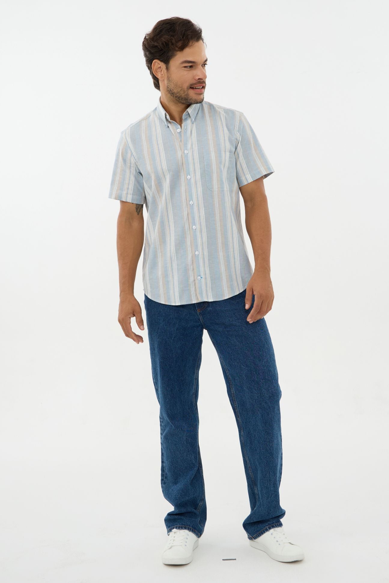 Blue, Sand, and White Stripe Linen-Look Cotton Short Sleeve Sport Shirt with Button-Down Collar by Leo Chevalier