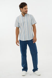 Blue, Sand, and White Stripe Linen-Look Cotton Short Sleeve Sport Shirt with Button-Down Collar by Leo Chevalier