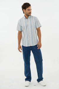 Blue, Sand, and White Stripe Linen-Look Cotton Short Sleeve Sport Shirt with Button-Down Collar by Leo Chevalier