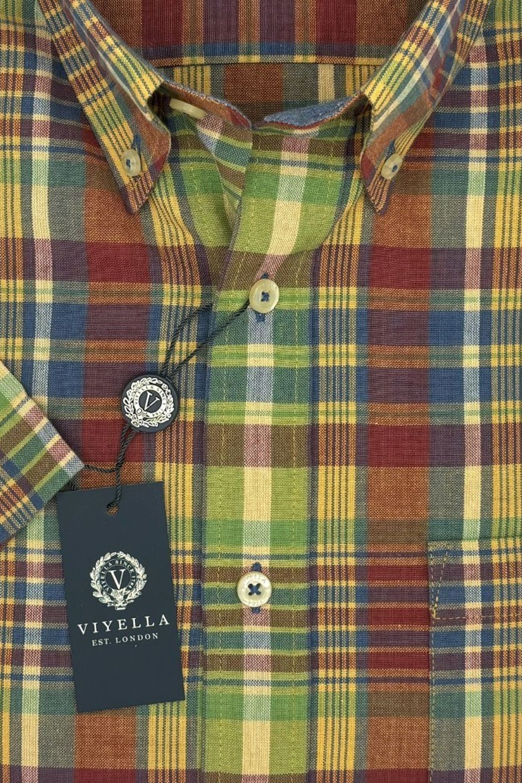 Cotton Madras Short Sleeve Cotton Sport Shirt in Rust, Green, and Yellow Multi Plaid by Viyella