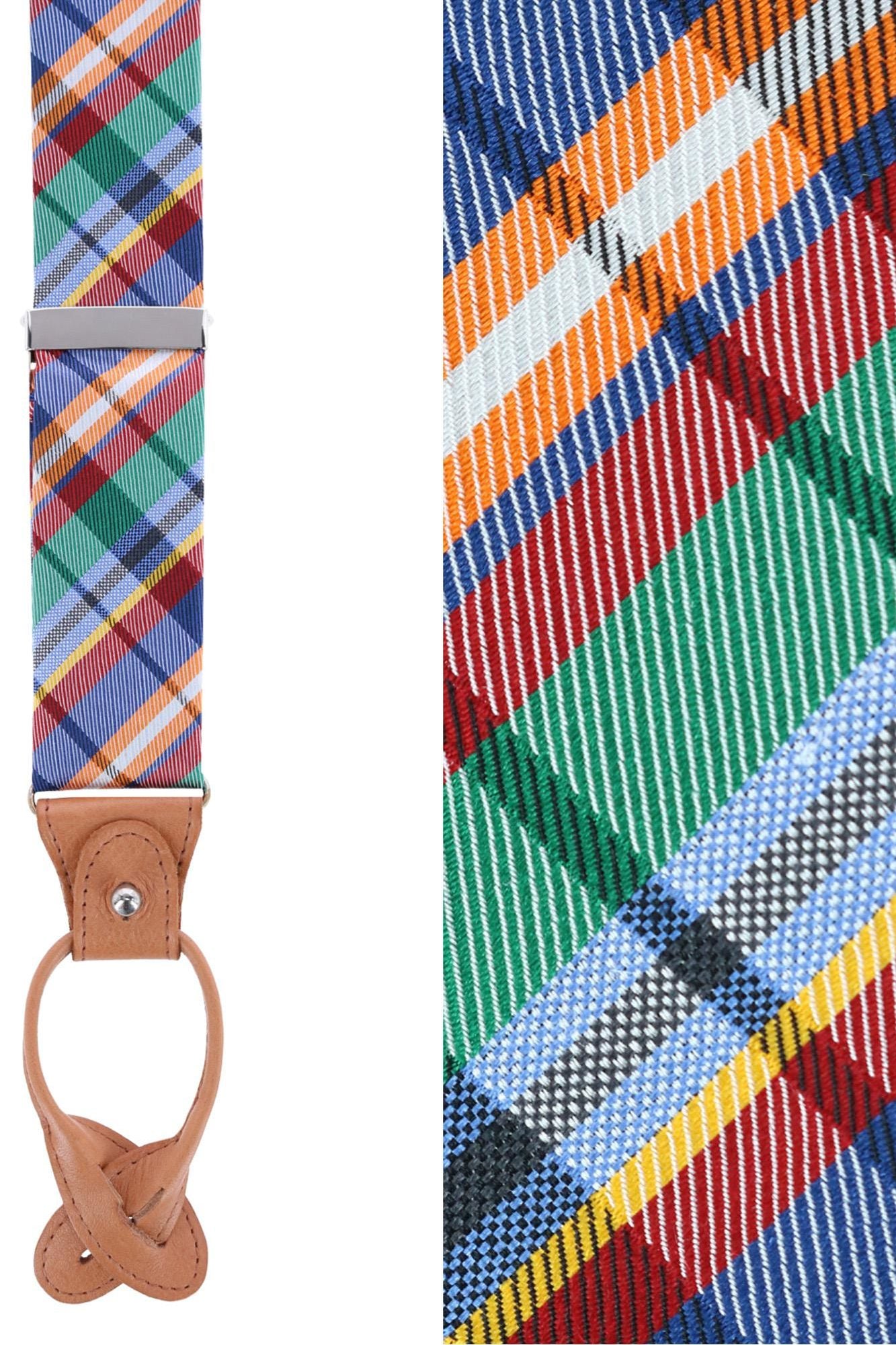 Green Multi Plaid Silk Formal Button End Braces by Trafalgar