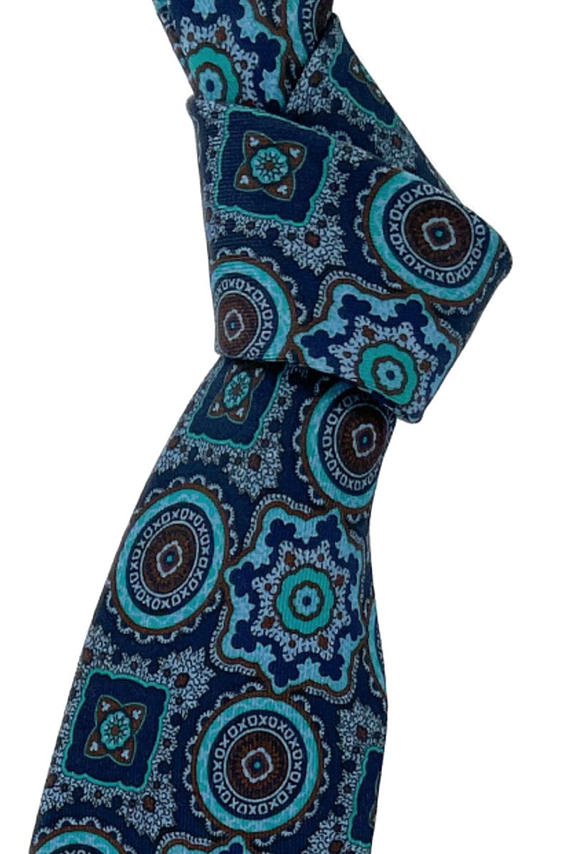 Navy, Teal and Bronze Medallion 'Best of Class' Woven Silk and Linen Tie by Robert Talbott