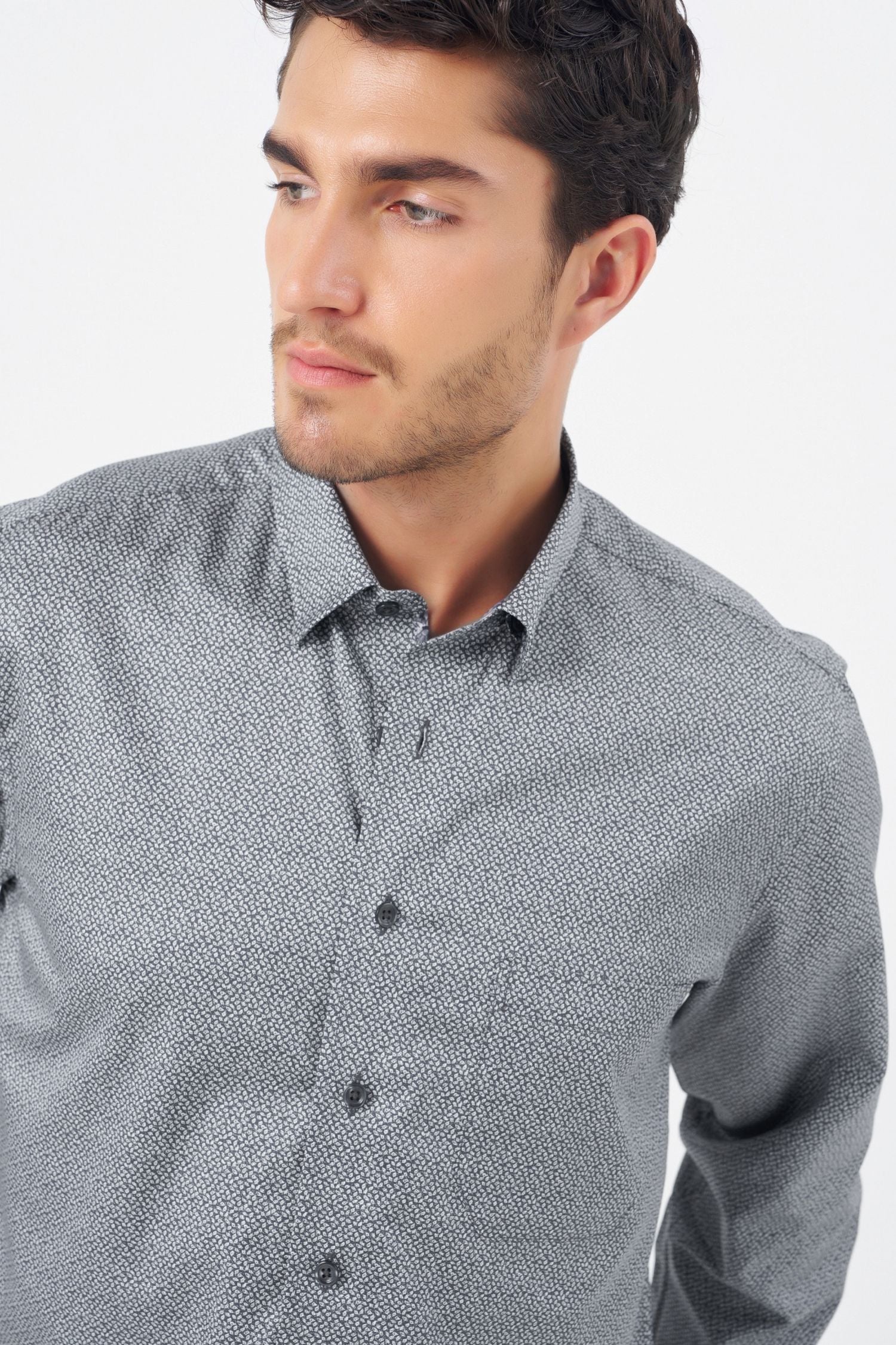 Grey Geometric Print Cotton Sport Shirt with Hidden Button Down Collar by Leo Chevalier