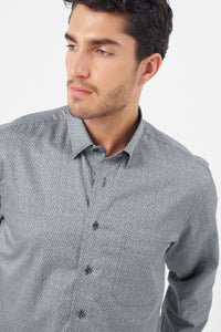 Grey Geometric Print Cotton Sport Shirt with Hidden Button Down Collar by Leo Chevalier