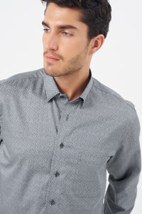 Grey Geometric Print Cotton Sport Shirt with Hidden Button Down Collar by Leo Chevalier