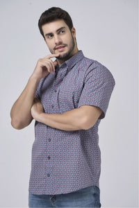Black, Red, Rose, and Sky Print Short Sleeve No-Iron Cotton Sport Shirt with Hidden Button Down Collar by Leo Chevalier