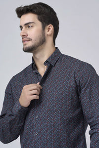 Navy, Green, and Wine Abstract Print No-Iron Cotton Sport Shirt with Hidden Button Down Collar by Leo Chevalier