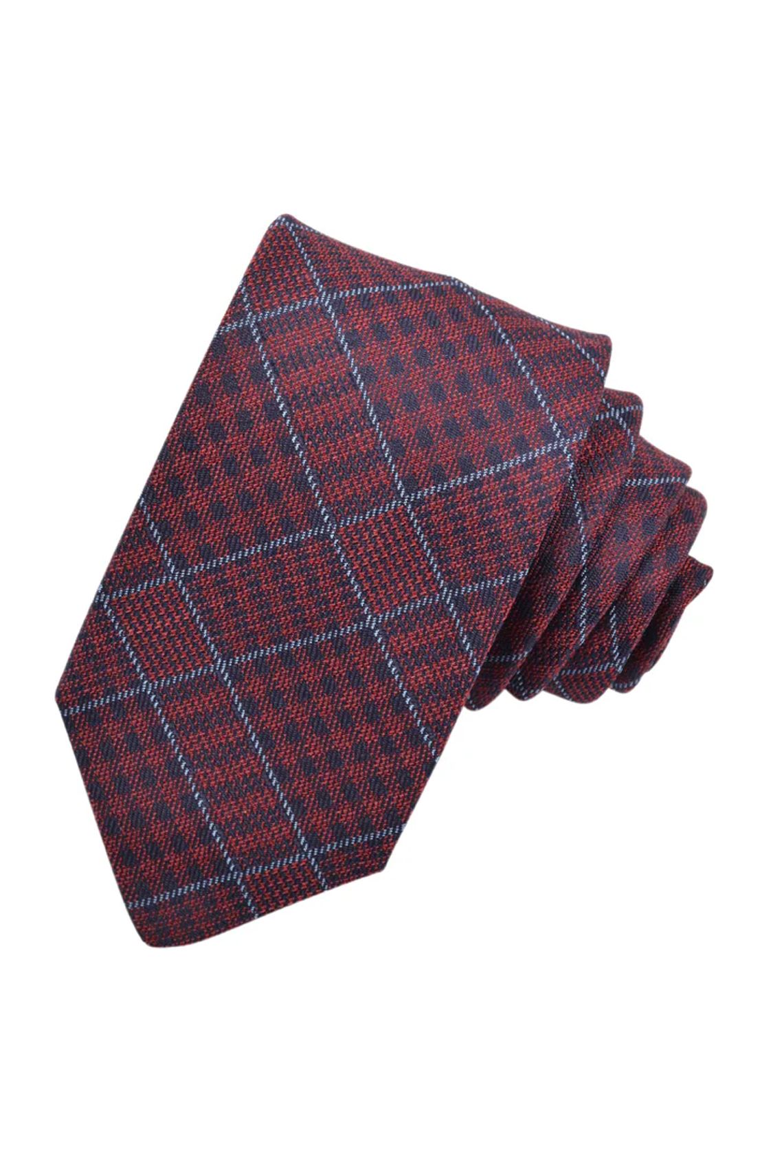 Wine, Sky, and Navy Oversized Glencheck Italian Silk Woven Jacquard Tie by Dion Neckwear