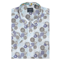 Blue and Brown Medallion Print Short Sleeve No-Iron Cotton Sport Shirt with Hidden Button Down Collar by Leo Chevalier