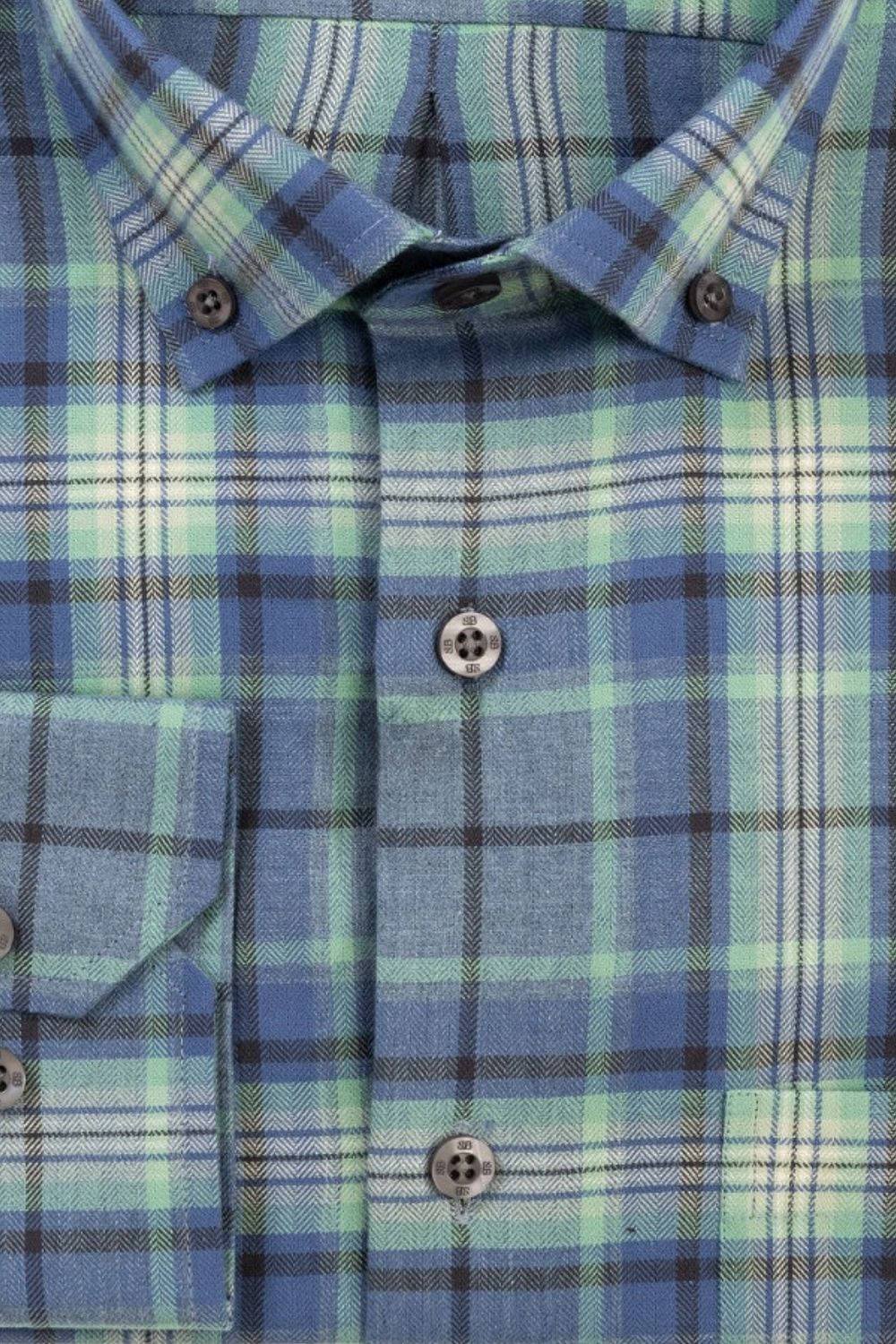 Herringbone Twill Plaid Cotton Sport Shirt with Button Down Collar in Blue Multi by Scott Barber