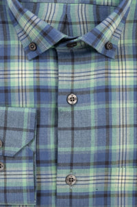 Herringbone Twill Plaid Cotton Sport Shirt with Button Down Collar in Blue Multi by Scott Barber