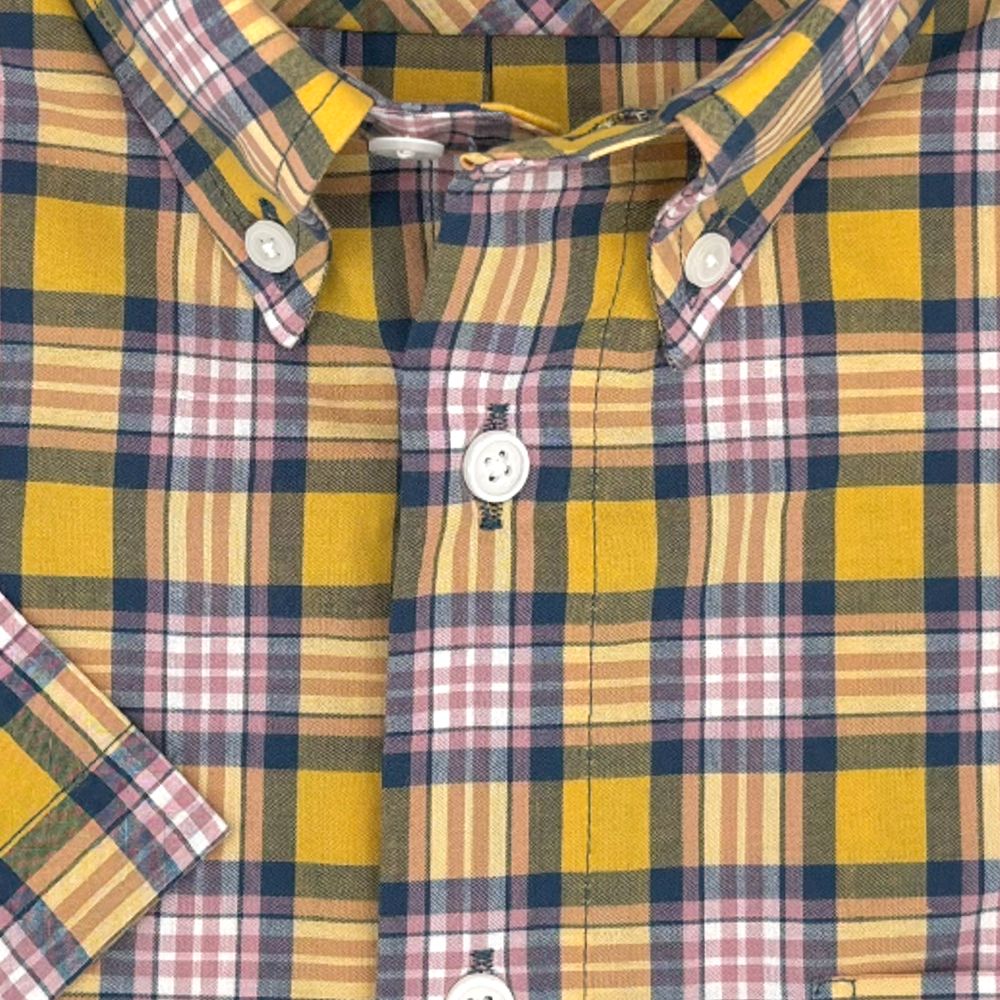 Yellow, Navy, and Pink Plaid Short Sleeve Stretch Cotton Sport Shirt by Viyella