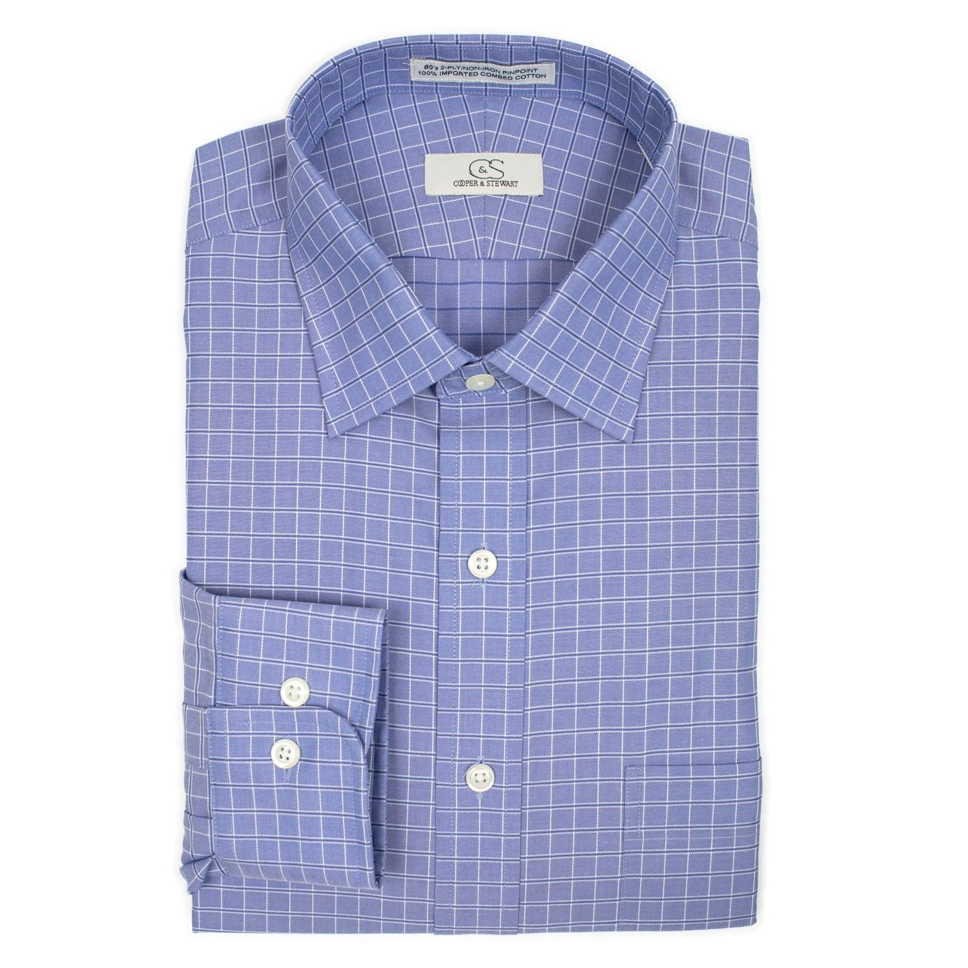 Blue Satin Check Wrinkle-Free Cotton Dress Shirt with Spread Collar by Cooper & Stewart