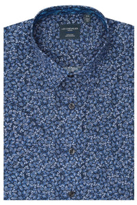 Navy and Blue Botanical Leaf Print Short Sleeve No-Iron Cotton Sport Shirt with Hidden Button Down Collar by Leo Chevalier