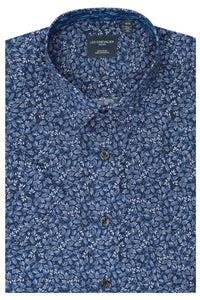 Navy and Blue Botanical Leaf Print Short Sleeve No-Iron Cotton Sport Shirt with Hidden Button Down Collar by Leo Chevalier