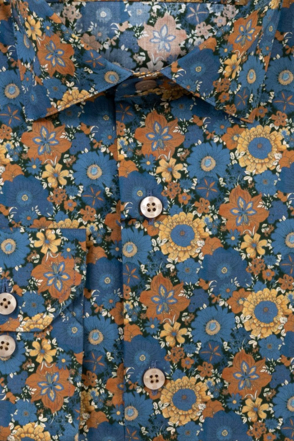 Italian Bold Floral Print Long Sleeve Sport Shirt in Blue, Bronze, and Mustard by Scott Barber