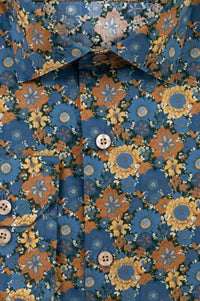 Italian Bold Floral Print Long Sleeve Sport Shirt in Blue, Bronze, and Mustard by Scott Barber