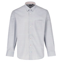 White, Blue, and Rust Print No-Iron Cotton Sport Shirt with Hidden Button Down Collar by Leo Chevalier