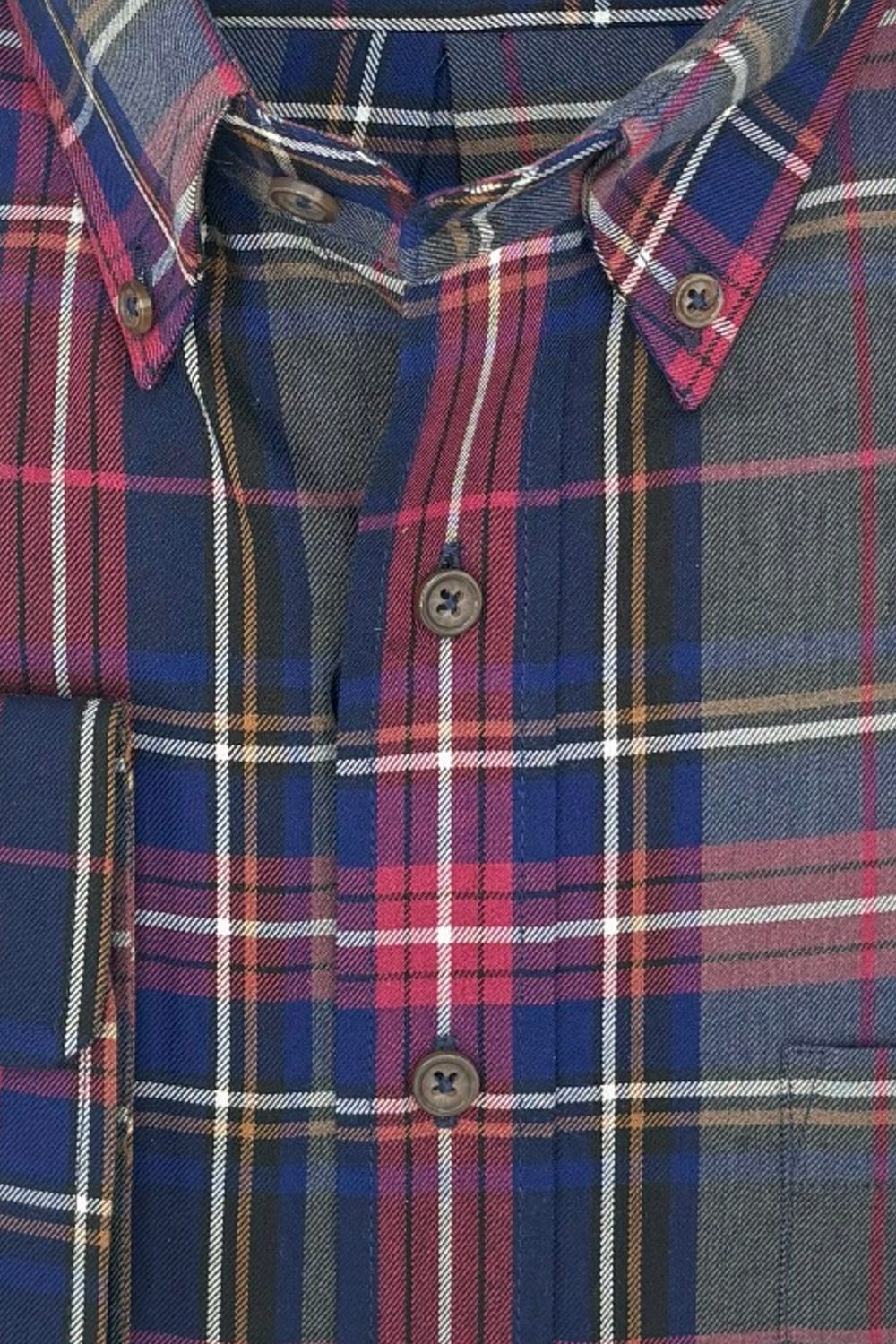 Red, Navy, Charcoal, and Brown Plaid Cotton and Wool Blend Button-Down Shirt by Viyella