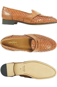 Prato Woven Italian Calfskin Low-Vamp Penny Loafer in Cuoio by Alan Payne Footwear