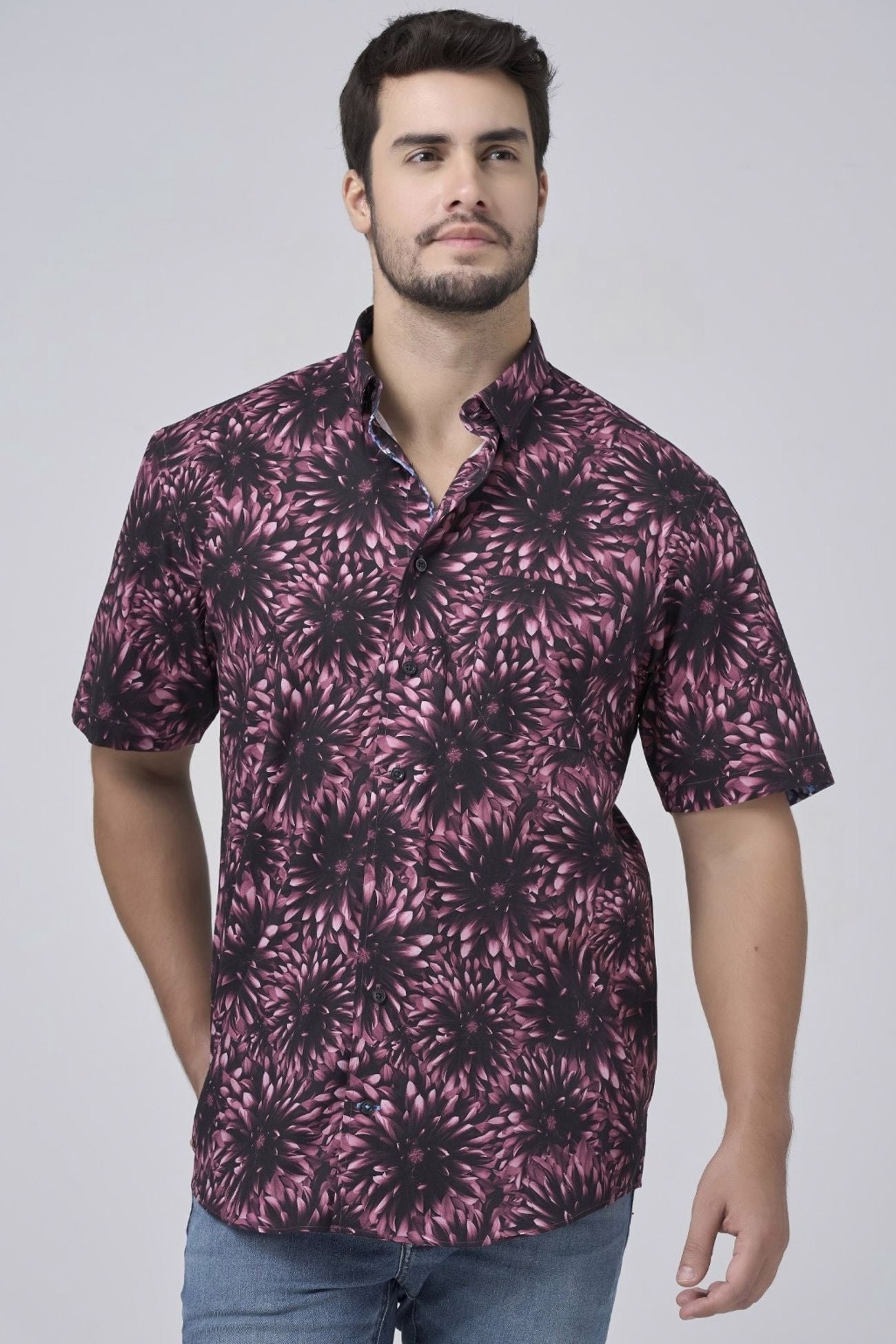 Large Floral Print Short Sleeve No-Iron Cotton Sport Shirt with Hidden Button Down Collar by Leo Chevalier
