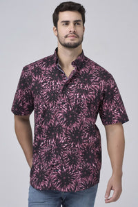Large Floral Print Short Sleeve No-Iron Cotton Sport Shirt with Hidden Button Down Collar by Leo Chevalier