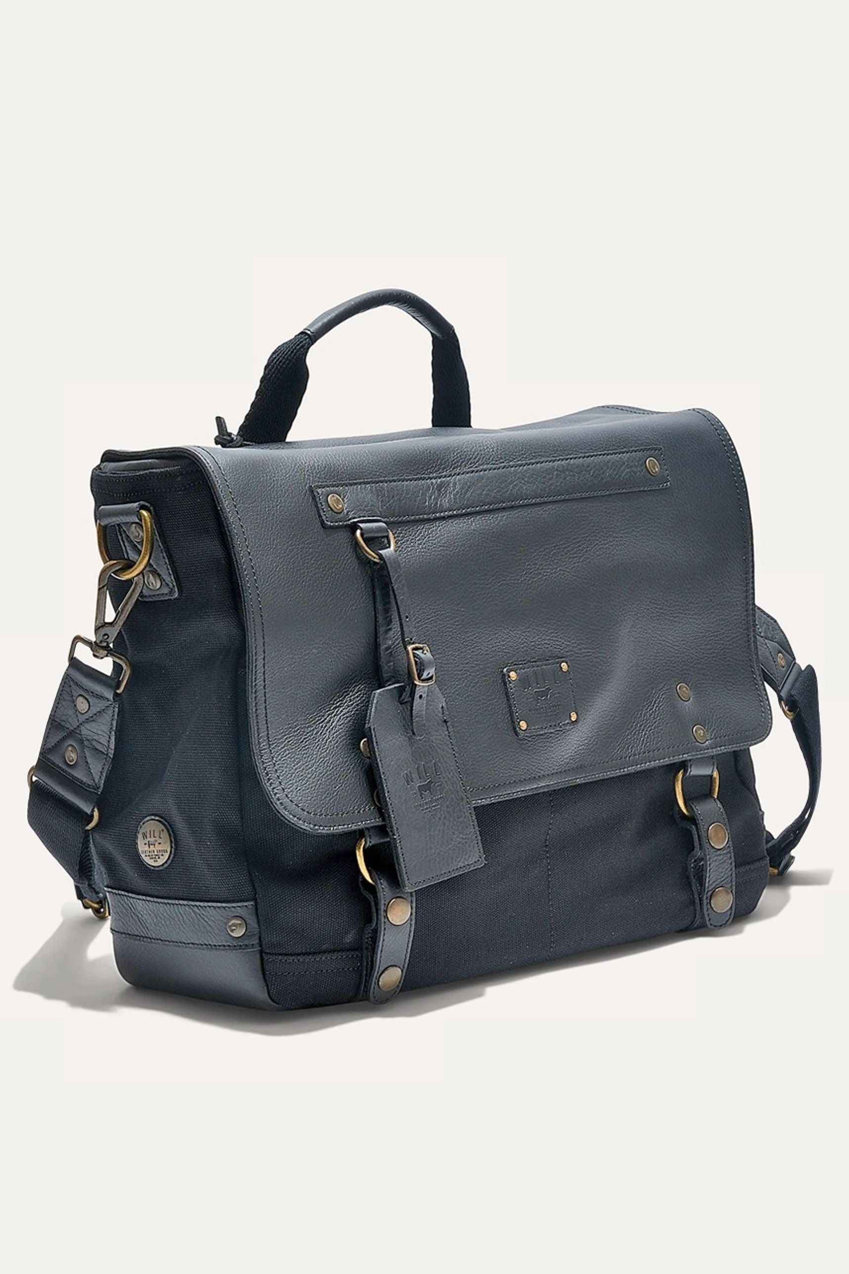 Wallace Canvas and Leather Messenger Bag in Black with Black Leather by Will Leather Goods