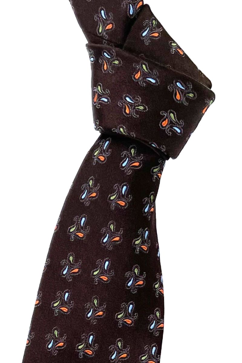 Brown, Blue, Green and Orange Neat Paisley Pine Woven Silk Estate Tie by Robert Talbott