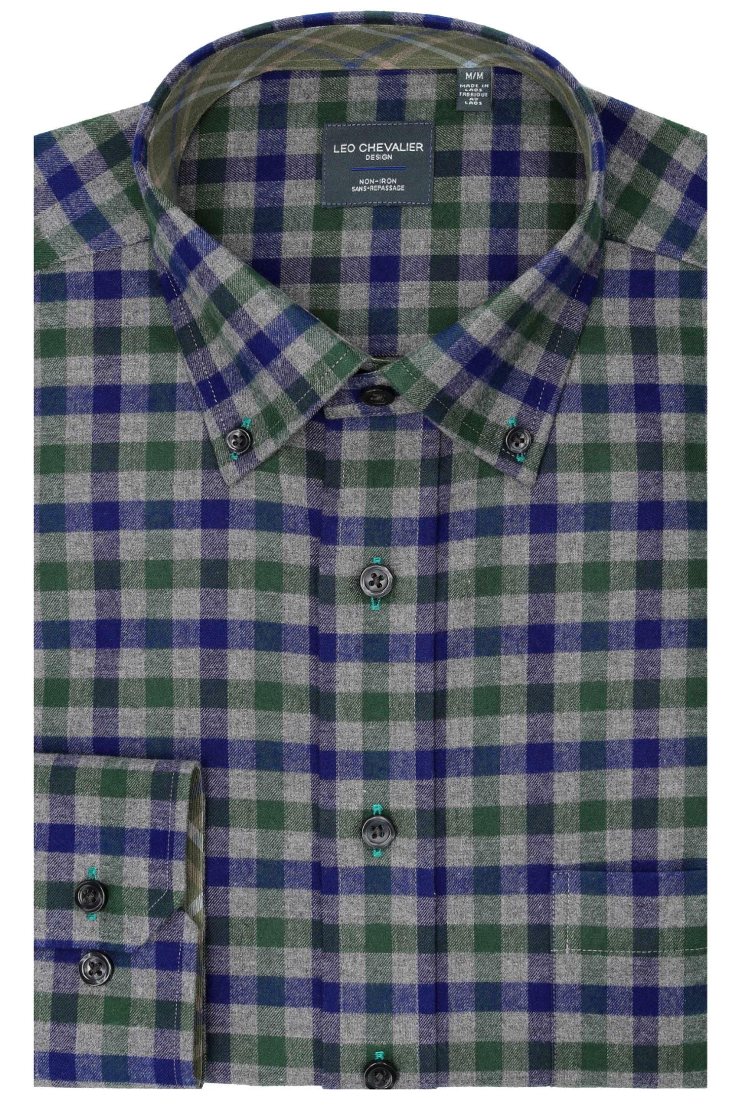Navy, Green, and Grey Plaid Cotton Sport Shirt with Button Down Collar by Leo Chevalier
