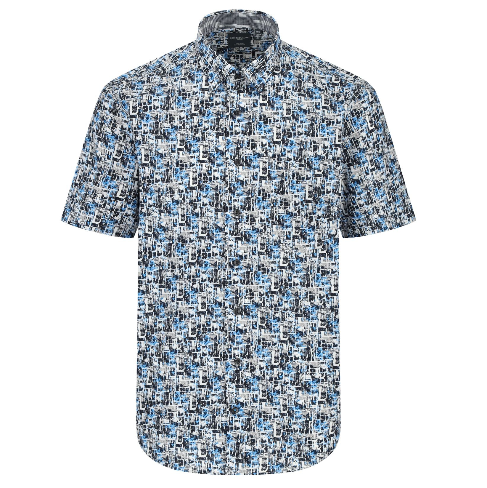Black, Blue, and Grey Abstract Print Short Sleeve No-Iron Cotton Sport Shirt with Hidden Button Down Collar by Leo Chevalier