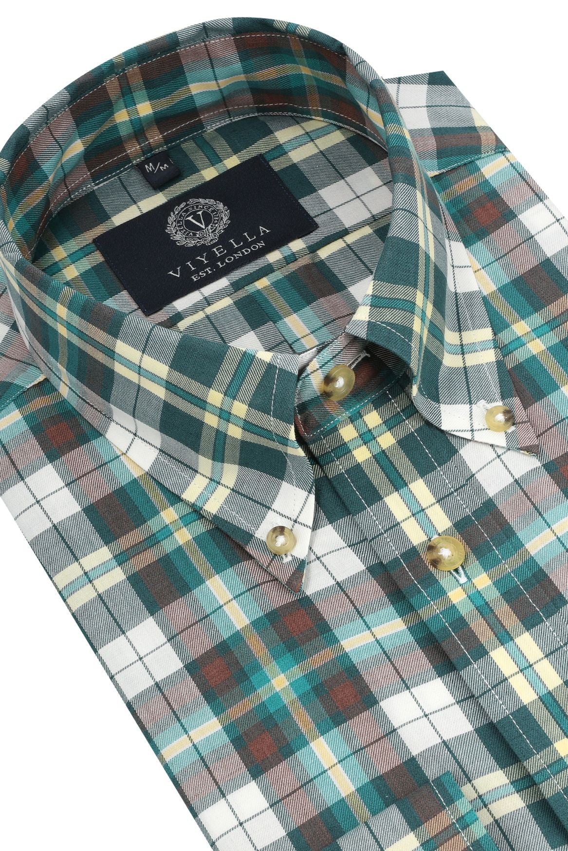 Summer Weight Green Multi Check Cotton and Wool Blend Button-Down Shirt by Viyella