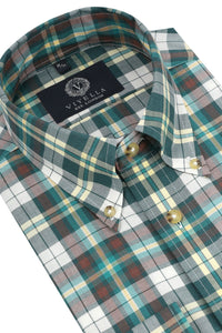 Summer Weight Green Multi Check Cotton and Wool Blend Button-Down Shirt by Viyella